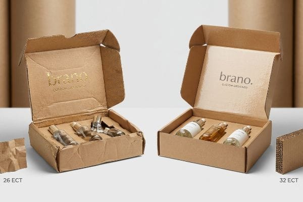 Custom Box ECT Comparison Brown corrugated brano. custom designed boxes, comparing a 26 ECT box with gold foil and glass bottles to a 32 ECT box with aqueous coating.