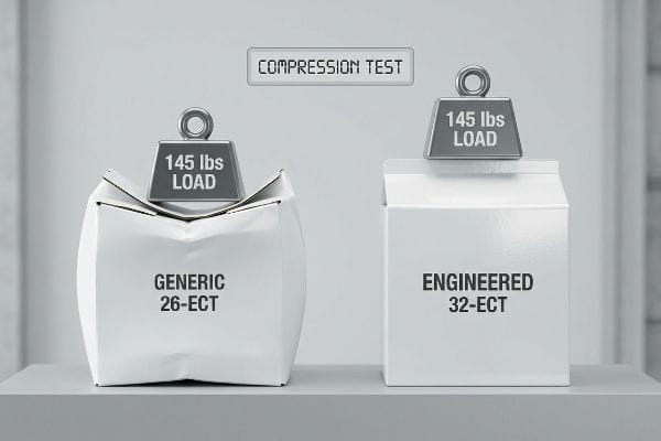 ECT Compression Test A crushed Generic 26-ECT box and an intact Engineered 32-ECT box under a 145 Lbs Load during a Compression Test.