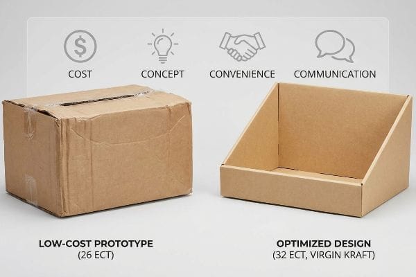 Packaging Design Four C's Corrugated boxes: Low-Cost Prototype (26 ECT) vs. Optimized Design (32 ECT, Virgin Kraft), illustrating packaging's 4 C's.