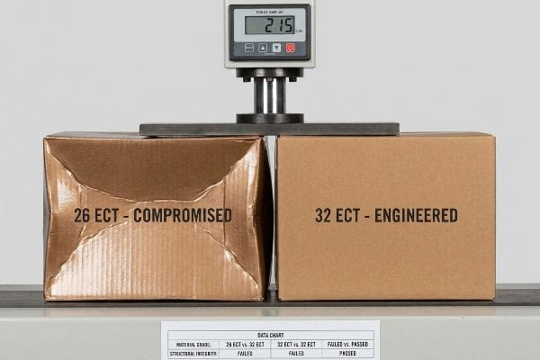Buckled 26 ECT Compromised box contrasted with intact 32 ECT Engineered box under 215.3 LBS compression.