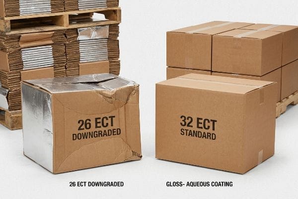 ECT Downgrade vs Standard A crushed 26 Ect Downgraded box with silver lamination contrasts with a sturdy 32 Ect Standard box, representing Gloss Aqueous Coating.