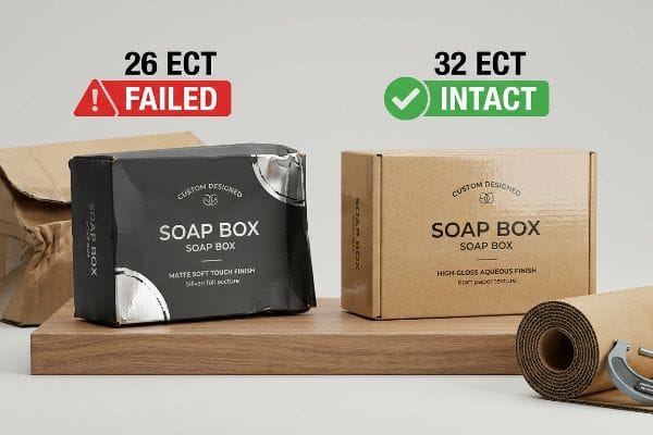 A 26 ECT Failed Soap Box (Matte Soft Touch, Silver Foil) next to a 32 ECT Intact Soap Box (High-Gloss Aqueous, Kraft).
