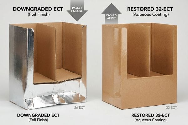 ECT Display Comparison Downgraded 26-ECT foil finish display showing pallet failure, beside a restored 32-ECT aqueous coating box passing audit.