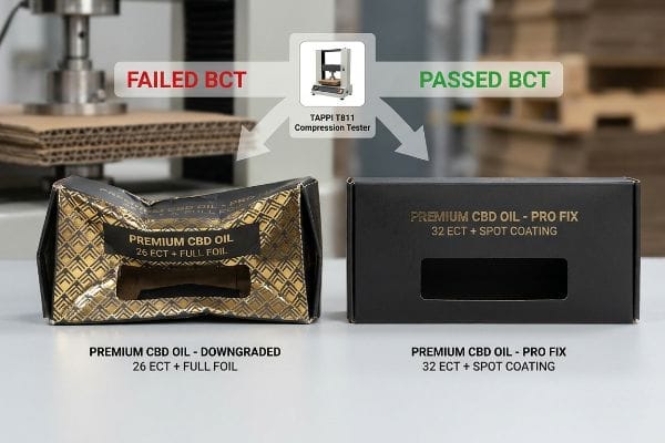 CBD Packaging BCT Test Crumpled gold Premium CBD Oil (26 ECT + Full Foil) and intact black Pro Fix (32 ECT + Spot Coating) boxes show failed vs. passed BCT from TAPPI T811 testing.