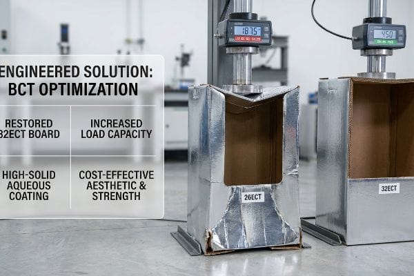 Box Compression Test Results Foil-laminated 26ECT corrugated box crushed at 187.5 lbs compared to an intact 32ECT box at 450 lbs, illustrating Bct Optimization and increased load capacity.