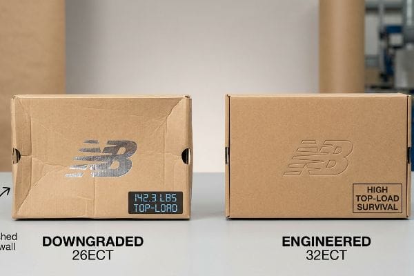 Brown corrugated New Balance shoe boxes, comparing a damaged Downgraded 26ECT box with 142.3 Lbs Top-Load to an intact Engineered 32ECT box with High Top-Load Survival.