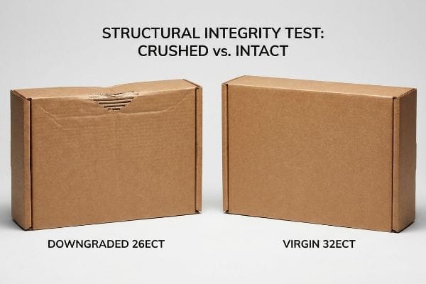 Zerdrückte vs. unbeschädigte Kartons Braune Kartons zur Veranschaulichung eines Strukturintegritätstests: ein zerdrückter, abgewerteter 26ECT-Karton neben einem intakten, unbenutzten 32ECT-Karton.