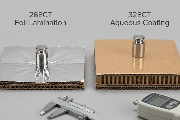 Crumpled 26ECT Foil Lamination under a metal weight, contrasted with an intact 32ECT Aqueous Coating on corrugated board, with a caliper and force gauge.