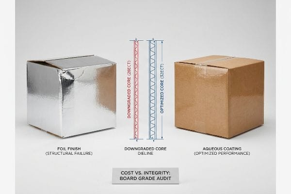 Downgraded 26ECT core dieline (structural failure) vs. optimized 32ECT core dieline (optimized performance).