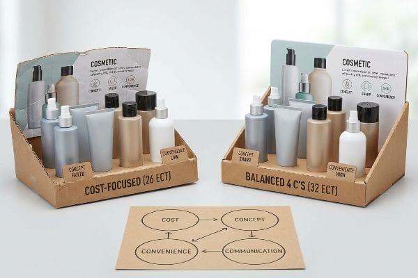 Packaging Design 4 C's Corrugated displays compare 26 ECT 'Cost-Focused' cosmetic packaging to 32 ECT 'Balanced 4 C's' packaging.