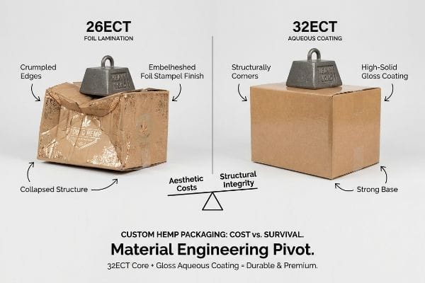 Crushed 26ECT Foil Lamination box versus sturdy 32ECT Aqueous Coating box, showing custom hemp packaging durability.