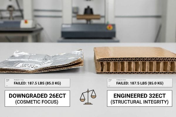 ECT Structural Integrity Test Crushed Downgraded 26ECT (Cosmetic Focus) cardboard contrasts with intact Engineered 32ECT (Structural Integrity) B-flute, both failed at 187.5 Lbs.