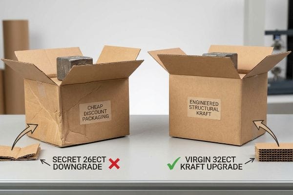 Comparaison de la qualité des emballages Emballage bon marché endommagé (déclassement secret de 26ECT) contre kraft structurel robuste (mise à niveau du kraft vierge de 32ECT).