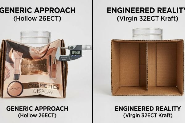 Bowed Generic Approach Hollow 26ECT cosmetics display with 0.65 micrometer reading, beside sturdy Engineered Reality Virgin 32ECT Kraft box.
