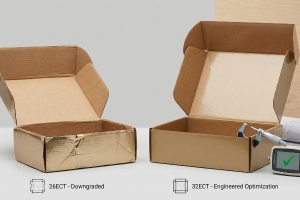 Metallic 26ECT downgraded corrugated box next to a sturdy 32ECT engineered optimization box, illustrating structural integrity.