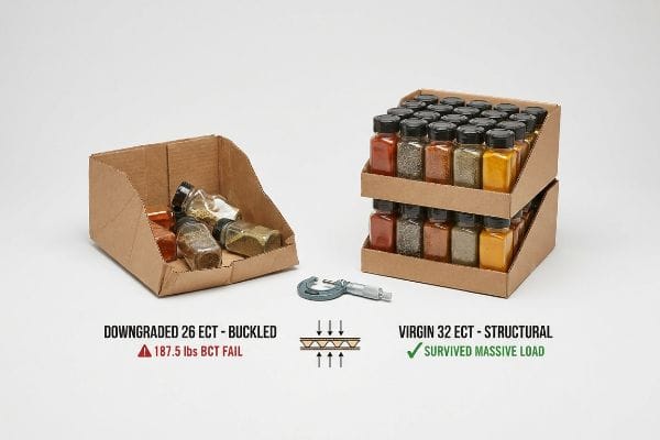 Corrugated spice displays: a buckled Downgraded 26 ECT tray (187.5 lbs BCT Fail) contrasted with a sturdy Virgin 32 ECT structural display surviving massive load, with a micrometer.