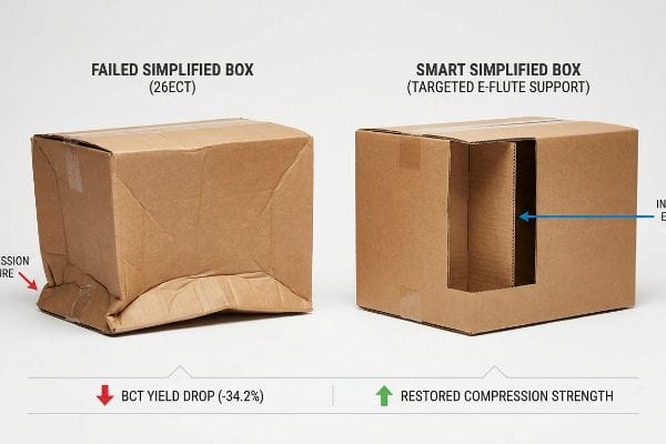 Two brown cardboard boxes illustrate packaging failure and success: a crushed Failed Simplified Box (26ECT) with 34.2% BCT yield drop, contrasted with an intact Smart Simplified Box featuring targeted E-flute support and restored compression strength.