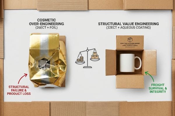 Damaged 26ECT foil box ('Structural Failure') vs. intact 32ECT aqueous box ('Freight Survival').