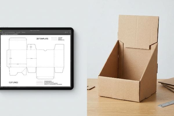 A tablet shows a 2D Template for a display box next to a physical corrugated cardboard prototype.