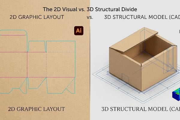 A split image contrasts a 2D Illustrator graphic layout die-line for a cardboard box with a 3D structural CAD model of the assembled packaging.