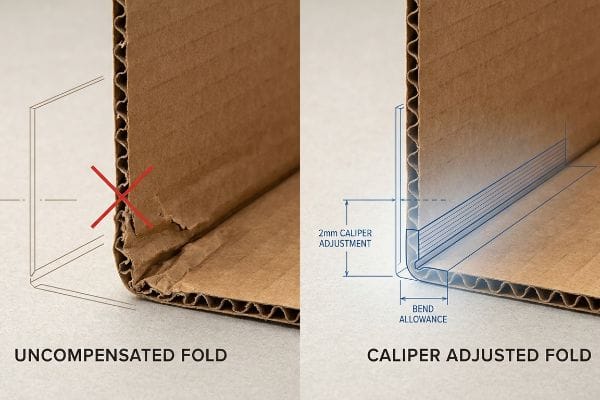 Caliper Adjusted Fold Comparison Corrugated cardboard displays an Uncompensated Fold with tearing and a precise Caliper Adjusted Fold showing a 2mm Caliper Adjustment.