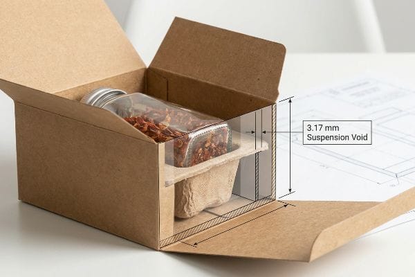 Spice Jar Suspension Void Brown corrugated cardboard box open, revealing a glass spice jar with red flakes, secured by a molded pulp insert, highlighting a 3.17 mm Suspension Void.
