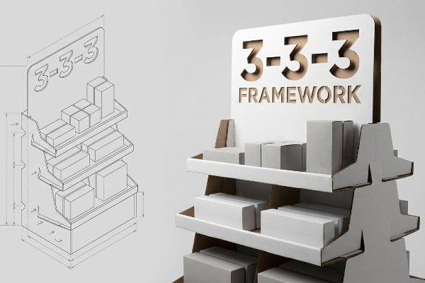 Visualización del marco 3-3-3 Expositor de cartón ondulado para venta al por menor con cabecera troquelada 3-3-3 Framework, que incluye tres estantes con cajas blancas, junto con un dibujo técnico CAD.