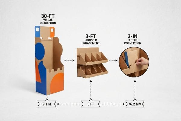 3-3-3 Engagement Rule Cardboard retail display diagram showing 30-Ft Visual Disruption (9.1 M), 3-Ft Shopper Engagement (3 FT), and 3-In Tactile Conversion (76.2 MM).