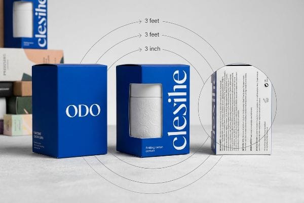 Blue Odo Clesihe custom packaging boxes, illustrating the 3-3-3 spatial engagement rule with a white textured product.