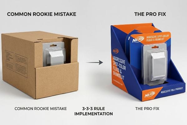 Affichage de la règle 3-3-3 Une simple boîte en carton ondulé brun, étiquetée Erreur courante de débutant, contient un emballage blister générique, contrastant avec un présentoir de vente au détail Nerf vibrant, étiqueté La solution pro, démontrant la mise en œuvre de la règle 3-3-3.