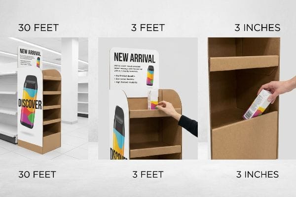 3-3-3 Retail Display Rule Three-panel image illustrating the 3-3-3 Spatial Engagement Rule for a cardboard retail display, showing views from 30 Feet, 3 Feet, and 3 Inches, featuring New Arrival product placement with Discover branding and a low retaining lip.