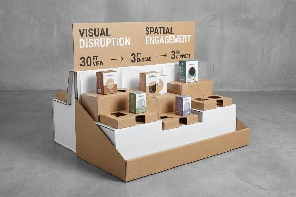 Spatial Engagement Rule Cardboard display illustrating 'Visual Disruption', 'Spatial Engagement', and the '3-3-3 Spatial Engagement Rule' with product boxes.