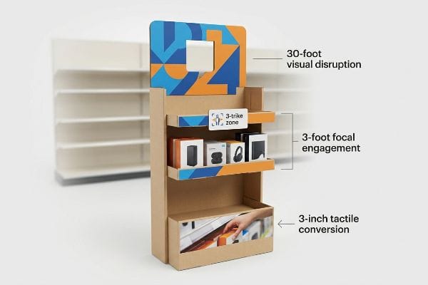 POP Display 3-3-3 Rule Corrugated POP display illustrates 3-3-3 rule: 30-foot visual disruption, 3-foot focal engagement, 3-inch tactile conversion, with products.