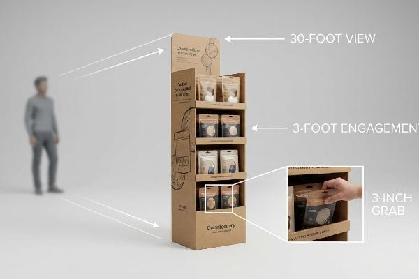 3-3-3 Rule Retail Display Brown corrugated cardboard retail display demonstrating the 3-3-3 Spatial Rule with a 30-Foot View, 3-Foot Engagement, and a hand performing a 3-Inch Grab of Cachet confectionery.