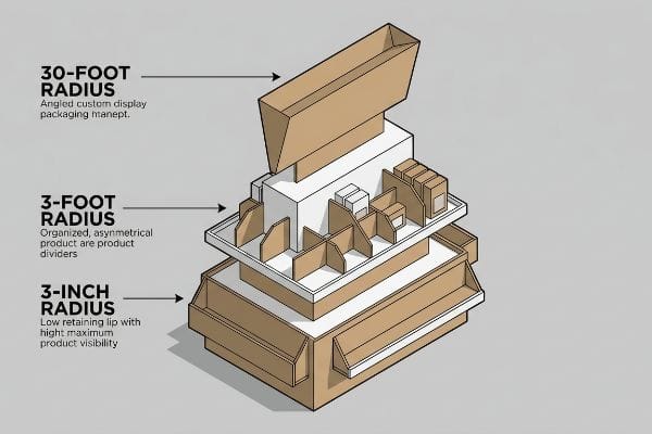 Brown cardboard multi-tiered display packaging unit detailing 30-Foot Radius angled custom display, 3-Foot Radius asymmetrical product dividers, and 3-Inch Radius low retaining lip with Hight maximum product visibility.