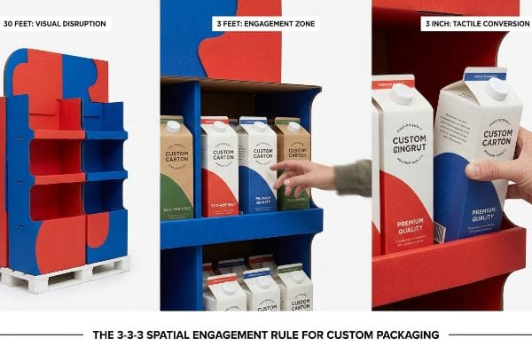 Corrugated retail display demonstrates the 3-3-3 Spatial Engagement Rule, showing Visual Disruption, Engagement Zone with Custom Carton products, and Tactile Conversion.