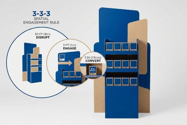 3-3-3 Spatial Rule Display Blue and kraft cardboard retail display demonstrating the 3-3-3 Spatial Engagement Rule: Disrupt at 30 ft, Engage at 3 ft, Convert at 3 in, featuring Pantone and Tail Visibility boxes.