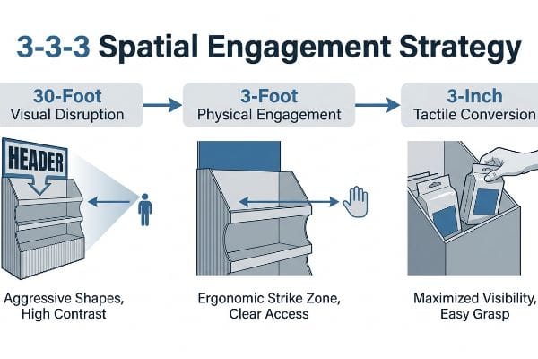 Visual diagram of the 3-3-3 Spatial Engagement Strategy for retail displays, illustrating 30-foot visual disruption with aggressive shapes, 3-foot physical engagement for clear access, and 3-inch tactile conversion for easy product grasp.