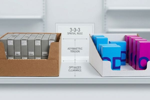 Cardboard retail display trays demonstrate the 3-3-3 Spatial Rule, showing Asymmetric Tension and Optimized Clearance for product boxes.