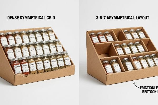 Asymmetrical Spice Merchandising Brown corrugated cardboard display trays present two spice merchandising strategies: a Dense Symmetrical Grid on the left and a 3-5-7 Asymmetrical Layout on the right, highlighting Frictionless Restocking.