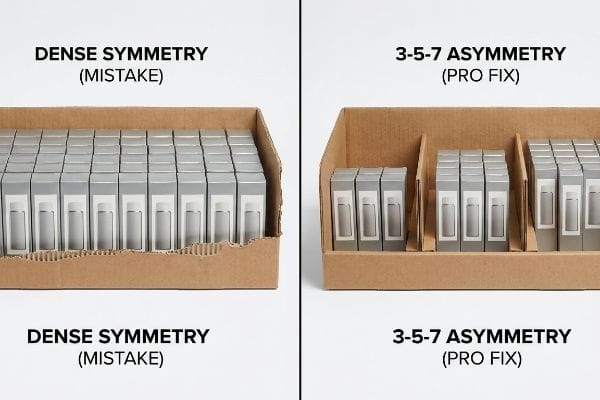 Asymmetry Retail Merchandising Corrugated cardboard display comparing Dense Symmetry (Mistake) with 3-5-7 Asymmetry (Pro Fix) for silver product boxes.