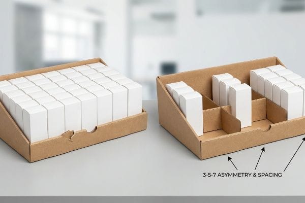 Bandejas de exhibición de cartón corrugado marrón que muestran un empaque simétrico frente a una asimetría y espaciado 3-5-7 con cajas blancas.