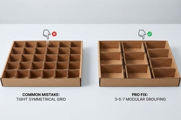 Modular Grouping Display Comparison Corrugated cardboard display inserts compare a Common Mistake: Tight Symmetrical Grid with a Pro Fix: 3-5-7 Modular Grouping.