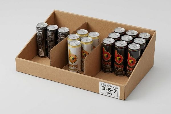 Brauner Wellpapp-Displaykarton mit modularen Trennwänden zur Präsentation von Bang Energy Drinks in einer asymmetrischen Beladung gemäß der 3-5-7-Regel.
