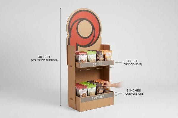 Corrugated cardboard display with a die-cut header, showcasing the 30 Feet Visual Disruption, 3 Feet Engagement, and 3 Inches Conversion principles.