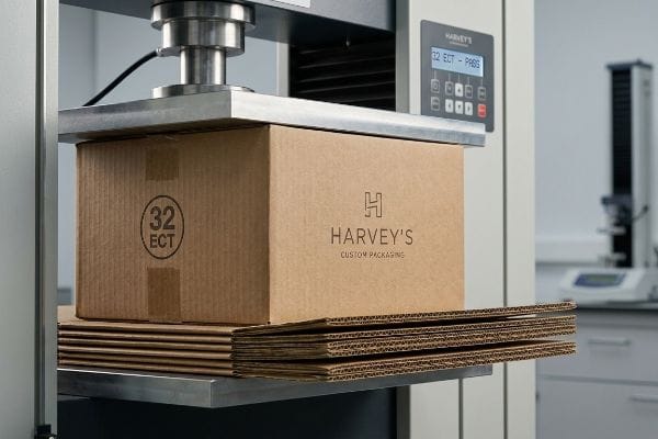 Corrugated Box Compression Test A brown corrugated cardboard box, branded "Harvey's Custom Packaging" and marked "32 ECT", is undergoing an Edge Crush Test, with the machine displaying "32 ECT - PASS".