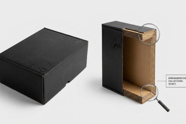 Black corrugated collector's box, open, revealing 32 ECT fluting, Engineered For Collectors.