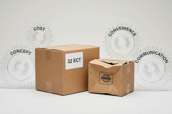 A sturdy 32 ECT cardboard box stands next to a damaged, crumpled box. Transparent gears for Cost, Concept, Convenience, and Communication are visible.