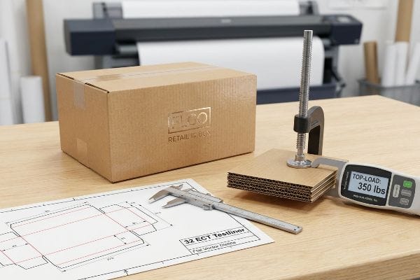 Cardboard Box Strength Test Brown Flco Retail Box, 32 Ect Testliner blueprint, caliper, and digital force gauge measuring 350 lbs top-load on corrugated.