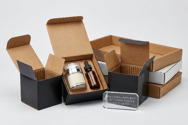 Structural Integrity Packaging Black folding cartons with natural kraft interiors hold skincare products, next to an acrylic block highlighting 'Structural Integrity, 32 ECT Virgin Kraft & High-Solid Gloss'.